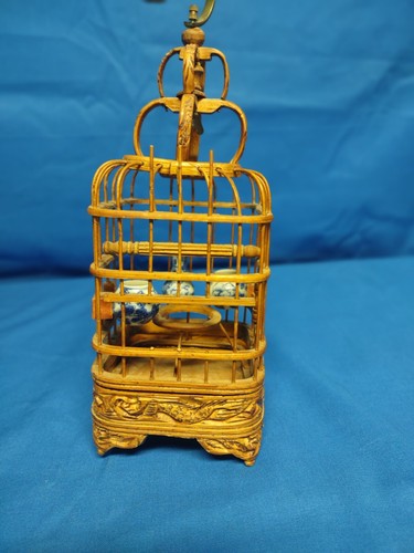 Vintage Bamboo Bird Cage Hand Carved Dragons 8" Tall Porcelain Bowls