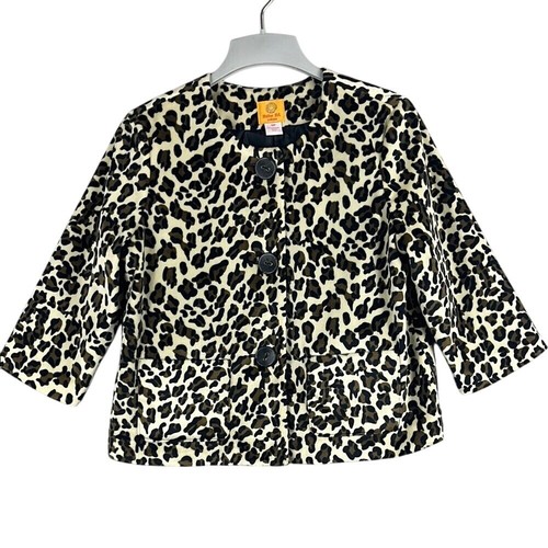 Ruby Rd 3 Button Blazer Faux Fur  Womens Size 12P Black Tan Leopard 3/4 Sleeves