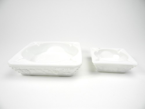 Set of 2 Vintage Westmoreland White Milk Glass Ashtrays Square 4" and 6.5" Grape