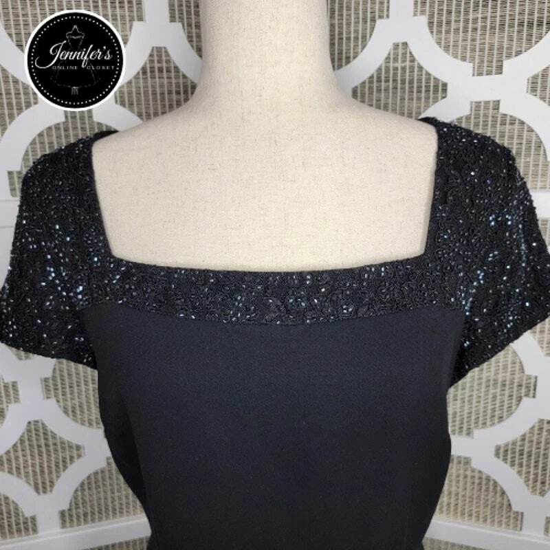 Vestido Spenser Jeremy Para Mujer Vintage Negro Encaje Cuentas Cuello Cuadrado Talla 10 Foto 3 de 4