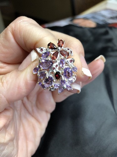 925 Amethyst And Garnet Floral Ring 7.5 - Bild 2 von 9