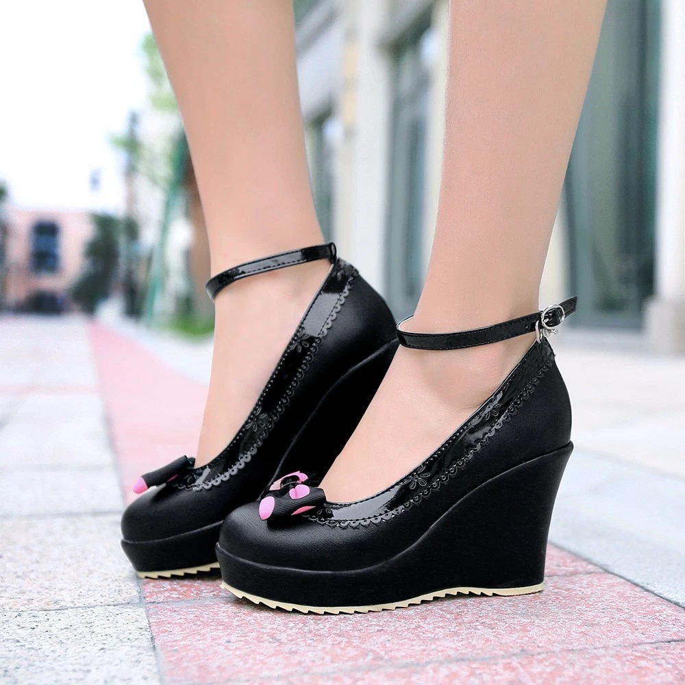 Sweet Wedge High Heels Round Toe Bowknot Platform Ankle Strap Girls Women  Shoes