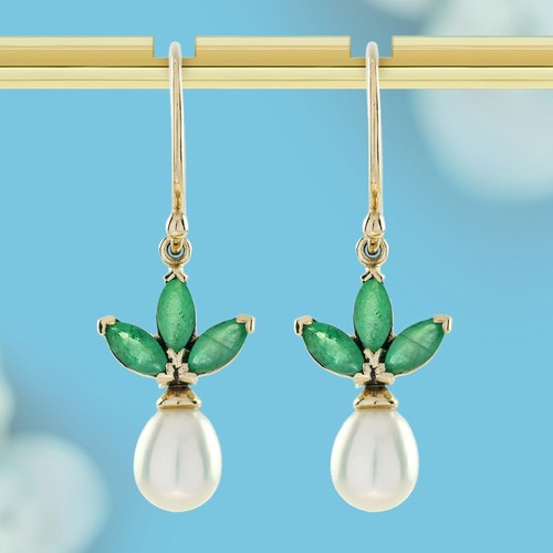 Pendientes Mariposa Estilo Vintage Esmeralda y Perla Natural Oro 9K - Imagen 1 de 5