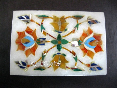 Pietra Dura Art Ear Studs Box for Sister White Marble Jewelry Box 3 x 2 Inches - Picture 3 of 4