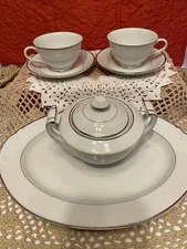 Harmony House China White w/Platinum Trim SUGAR BOWL, PLATTER, 2 CUPS SAUCERS