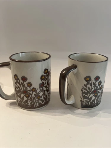 Vintage Pair of Stoneware Coffee Mugs, Red Yellow Brown Flowers