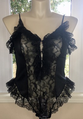 Vintage Delicates Large Black Nylon Chiffon Floral Lace Ruffled Teddy