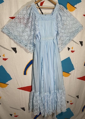 Vestido Candi Jones Vintage Años 70 Manga Ángel Floral Encaje Pradera Cottage Gunne - Imagen 6 de 17