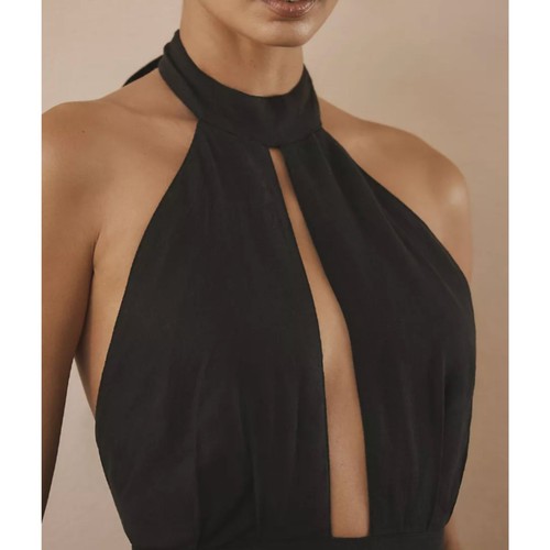 Anthropologie Mock-Neck Plunge Black Linen Jumpsuit Open Back Size S - Bild 2 von 8