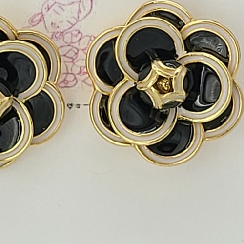 French Camellia Flower Stud Earrings Gold Tone & Black Or White Jewelry - Picture 5 of 11