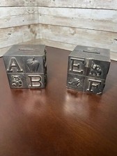 Pewter Brush Finish Alphabet Block Baby Piggy Bank Metal Cube