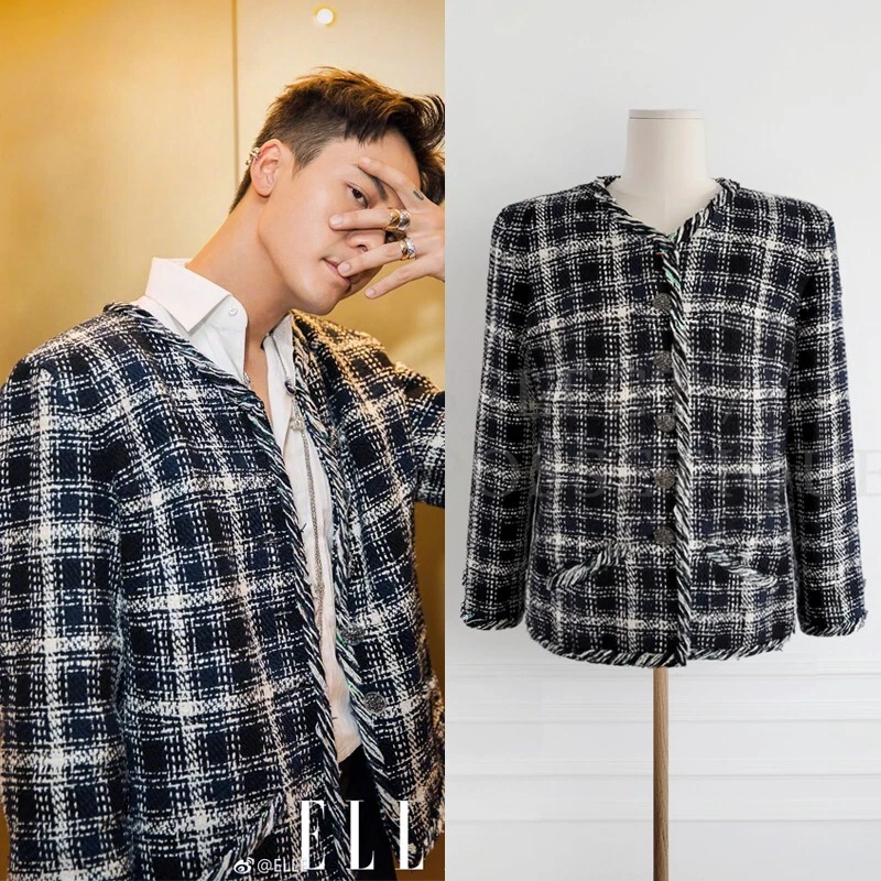 NWT CHANEL 18P NAVY WHITE METALLIC CHECK TWEED V NECK JACKET FR46