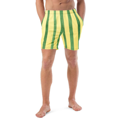 Mens Swim Trunks Yellow Green Striped Mesh Liner Board Shorts Pockets 2XS-6XL