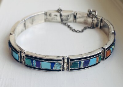 Vintage Signed Navajo Sterling Silver Multi Stone Link