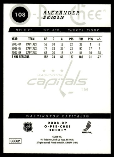 2008-09 O PEE CHEE GOLD Alexander Semin Washington Capitals #108 - Picture 2 of 2