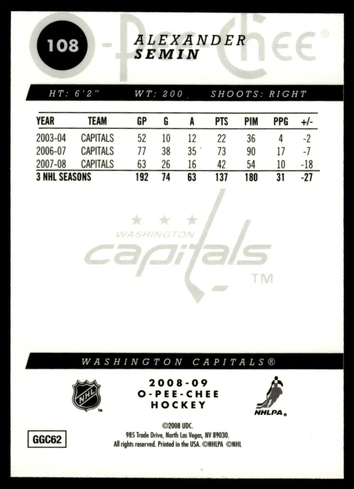 2008-09 O PEE CHEE GOLD Alexander Semin Washington Capitals #108 - Image 2 of 2