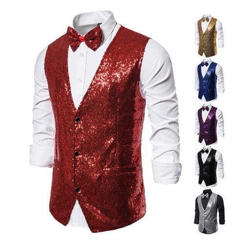 Men's Bright Club Vest Performance Costume Clubwear Dancing Vest Tie Party Wear - Picture 4 of 19
