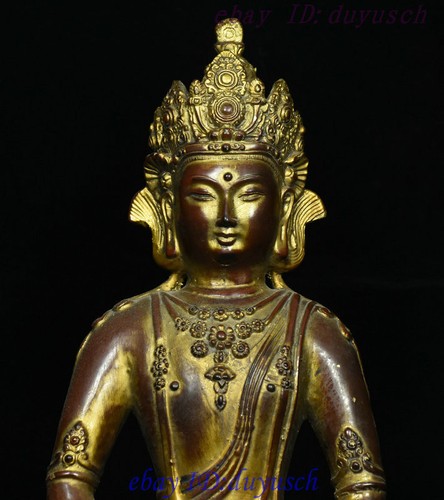 Alte Tibet Buddhismus Bronze Malerei Amitayus Langlebigkeit Gott Göttin Buddha Statue - Bild 2 von 12