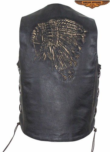 Chaleco de cuero marrón para motocicleta para hombre con diseño retro nativo americano y cordones laterales - Imagen 3 de 6