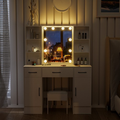 Dressing Table Vanity Makeup Desk Set w/LED Lighted Mirror&Stool Storage Dresser - Picture 4 of 22