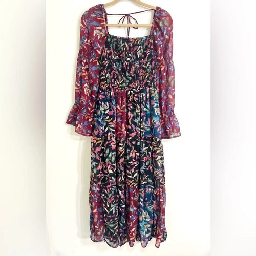 YOUNG THREADS Women’s Long Sleeve Maxi Dress Sheer Boho Smocked M Floral Fairy