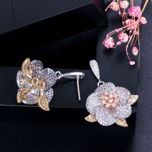 Multi-Tone Gold Plated Cubic Zirconia Flower Long Drop Earrings for Women Bridal - Picture 8 of 8