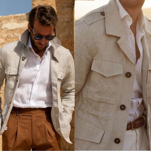 Atmungsaktives Herren Leinen Sakko Einreiher Freizeit Mehrere Taschen Jagd Blazer - Bild 4 von 13