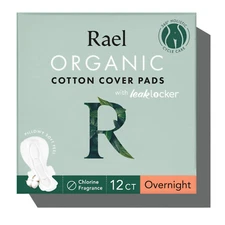 Rael Organic Cotton Cover Sanitary Napkins With Wings, Unscented, Overnight Size