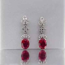 3Ct Oval Cut Lab-Created Red Ruby Drop/Dangle Earrings 14K White Gold Plated