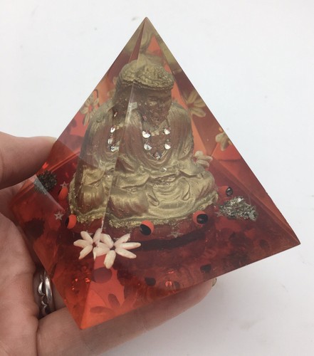 Orgone Pyramid Paperweight Red w Buddha Statue Flowers Acrylic Resin 3.25" - Picture 8 of 10