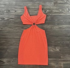 Orange Ring Cut Out V-Neck Strappy Bodycon Knit Stretch Mini Sleeveless Dress