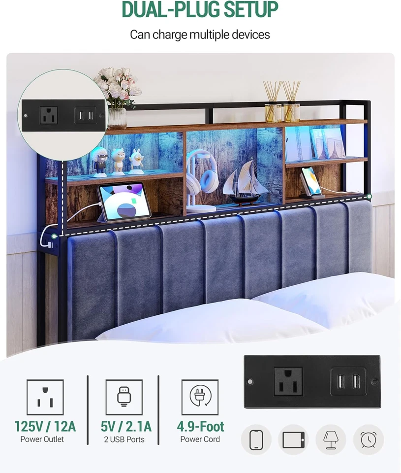 Изголовье с 3-уровневыми полками для хранения, бархатная обивка изголовья с 2 наружными отверстиями - Изображение 3 из 4