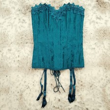 Frederick's of Hollywood 34 Lace Teal Corset Bustier Top Lace Up Garter VTG Y2K