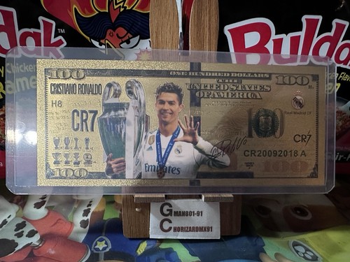 1 Cristiano Ronaldo CR7 Gold Foil Banknote With Banknote Top loader - Picture 3 of 4