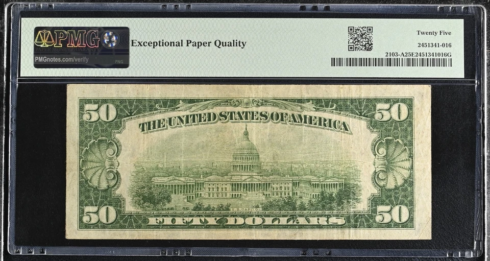 $50 US FEDERAL RESERVE NOTE 1934A FR# 2103-A JULIAN-MORGENTHAU PMG 25 EPQ  - Image 2 of 2