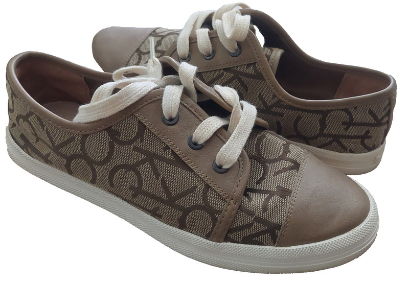 Pre-Owned and Used CALVIN KLEIN Beige Brown Monogram Women’s CK Sneakers Size 7