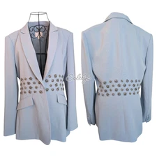 Cinq a Sept Loisa Crepe Crystal Embellished Floral Ocean Dew Blue Blazer 10