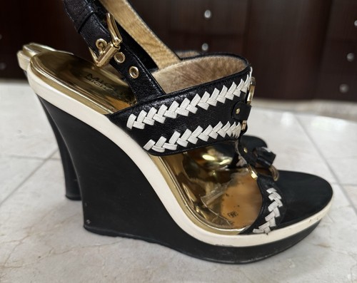 Michael Kors Logo Wedge Sandals, Gold, Black & White Stitching Sling Back 7 - Picture 2 of 11