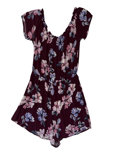 Kendall & Kylie Womens Floral Burgundy Romper L Short Sleeve Elastic Waist Light - Picture 3 of 5