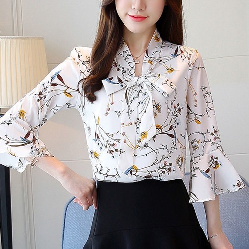 26) Stylish Floral Print Chiffon Shirt Bow Detail Spring Summer Fashion - Picture 14 of 35