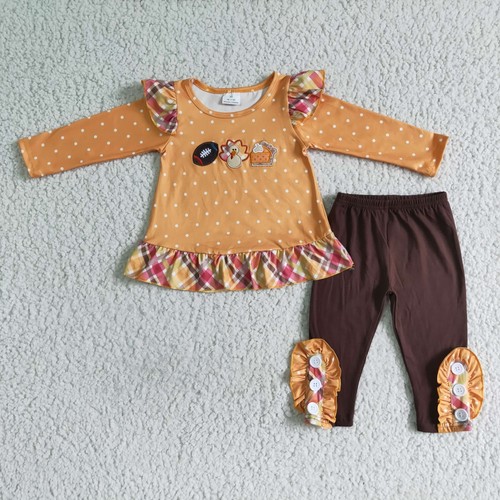 Cute Football Turkey Pie Applique Girls Tunic Top With Leggings Outfit - Picture 4 of 5
