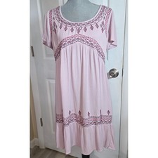 Knox Rose Pink Embroidered Boho Babydoll Dress Short Sleeve Medium RN17730