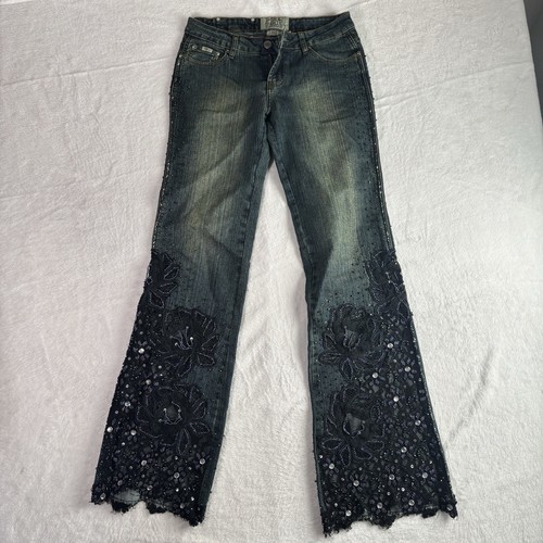 VTG Y2K Tell Denim Works Beaded Flared Jeans Women's Size 5 29" x 34" Inseam - Picture 6 of 15