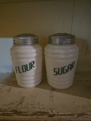 Pair Vintage HAZEL ATLAS Milk Glass Beehive FLOUR SUGAR Shakers Green Letters