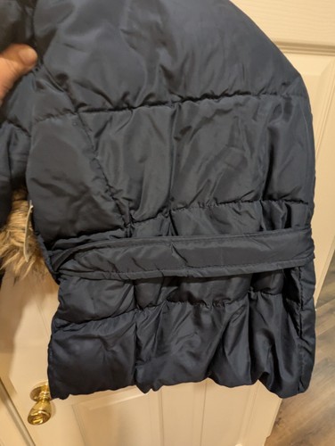 Womens AEROPOSTALE Belted Fur-Trim Puffer Navy Coat Jacket NWT #8307 Plaid Liner - Picture 4 of 11