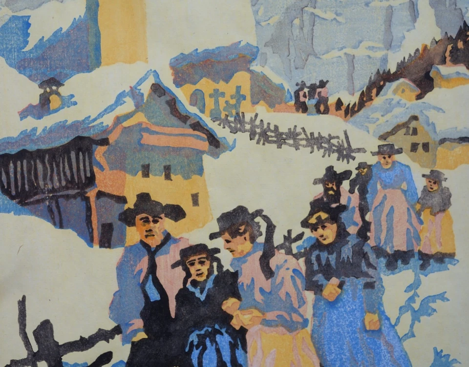 Heimkehr vom Kirchgang Robert Saurwein Farbholzschnitt Tirol Originalrahmen - Bild 2 von 4