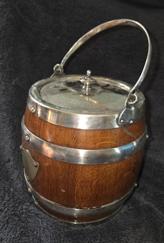 Antique English Oak And Silver Plate Biscuit Barrel Jar With Porcelain Liner - Picture 5 of 8