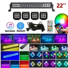 22'' RGB Chasing Halo Ring Led Light Bar +4pcs 3'' LED Work Lights Kit for Truck