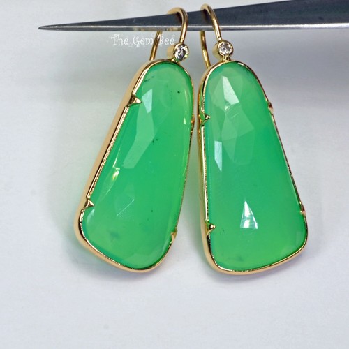 18K Solid Yellow Gold Diamond Accent 20CT Australian Chrysoprase Slice Earrings - Picture 8 of 11