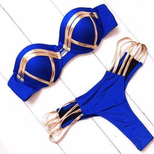 Modern Swimsuit For Women Gold Strap Brazilian Micro Bikini Push Up Beach Wear - Picture 15 of 20